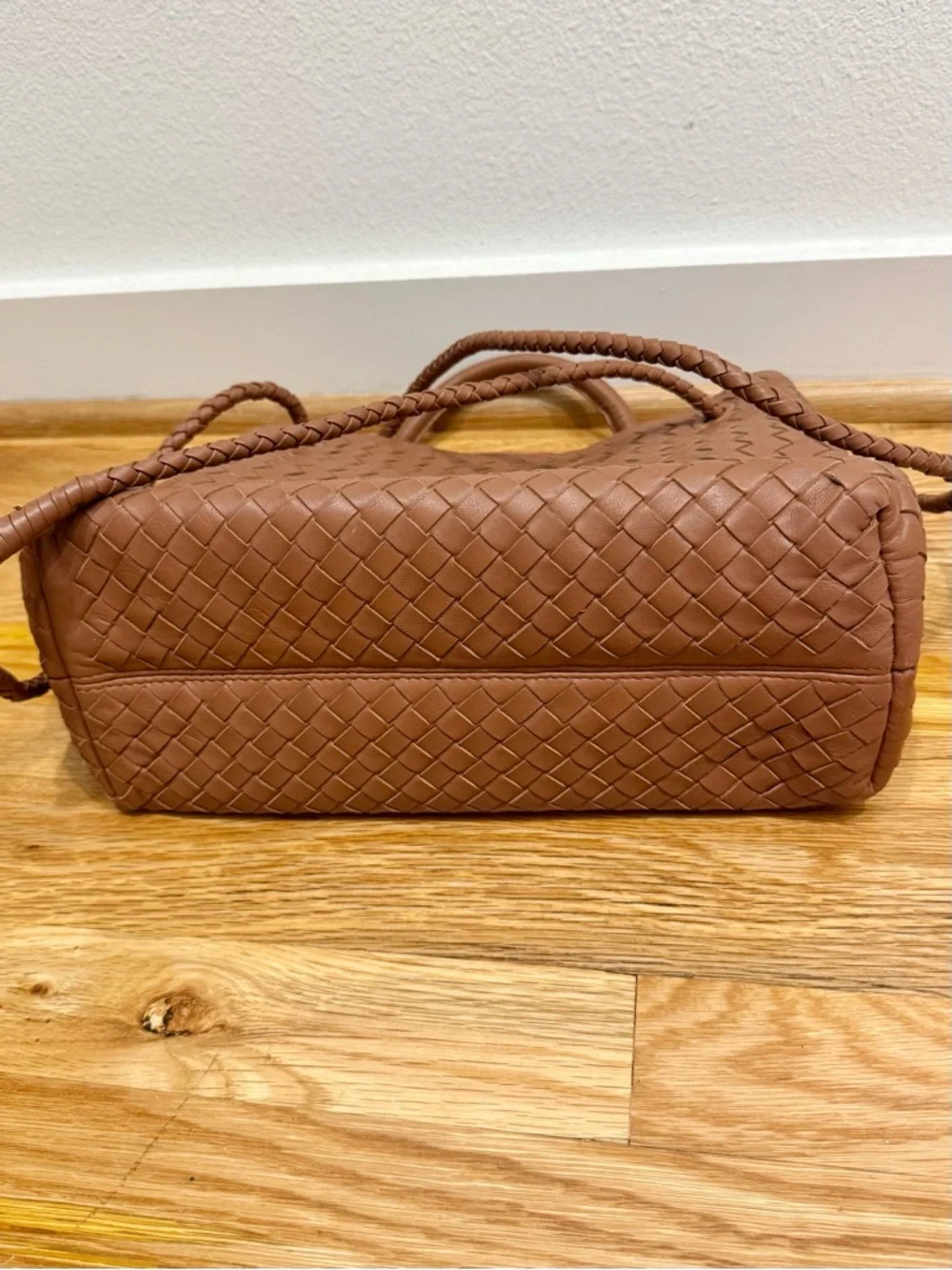 Large Quince Italian Leather Handwoven Satchel Cognac Woven Crossbody Tote Purse - Picture 6 of 6